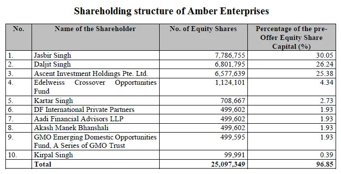 Shareholding structure of Amber Enterprises